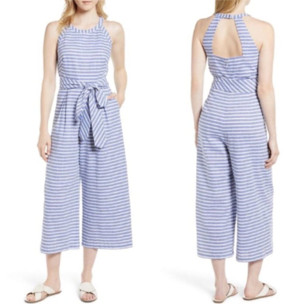 1901 Blue White Stripe Sleeveless Cut Out Back Tie Waist Wide Crop Leg Jumpsuit